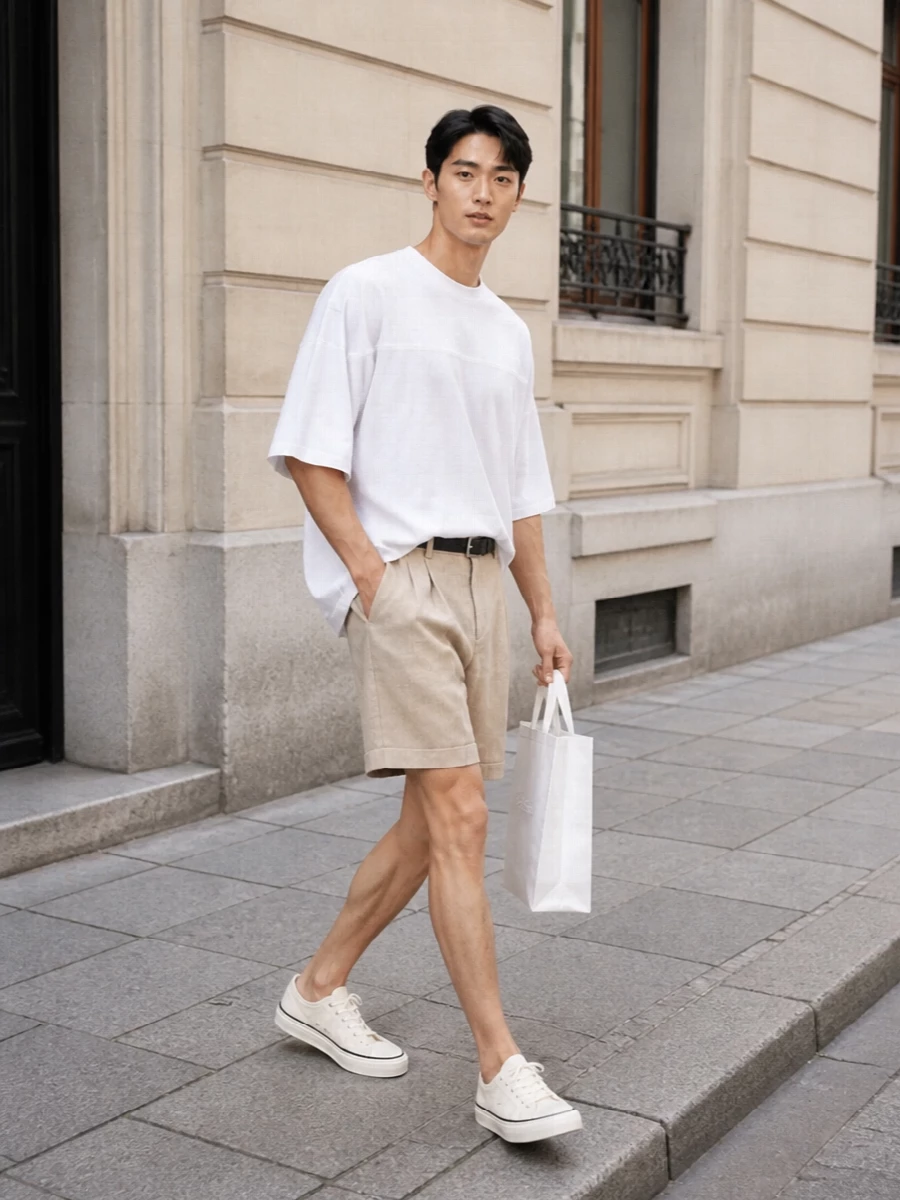 An oversized white Jacquemus tee falls loosely over sand-beige pleated shorts, creating an easy, sunlit balance between volume and structure. Off-white canvas sneakers and a crisp white tote keep the palette bright and minimal, while a slim black belt quietly defines the waist and adds just enough polish for city summer days. The result is relaxed Mediterranean tailoring that still feels sharply considered and modern.