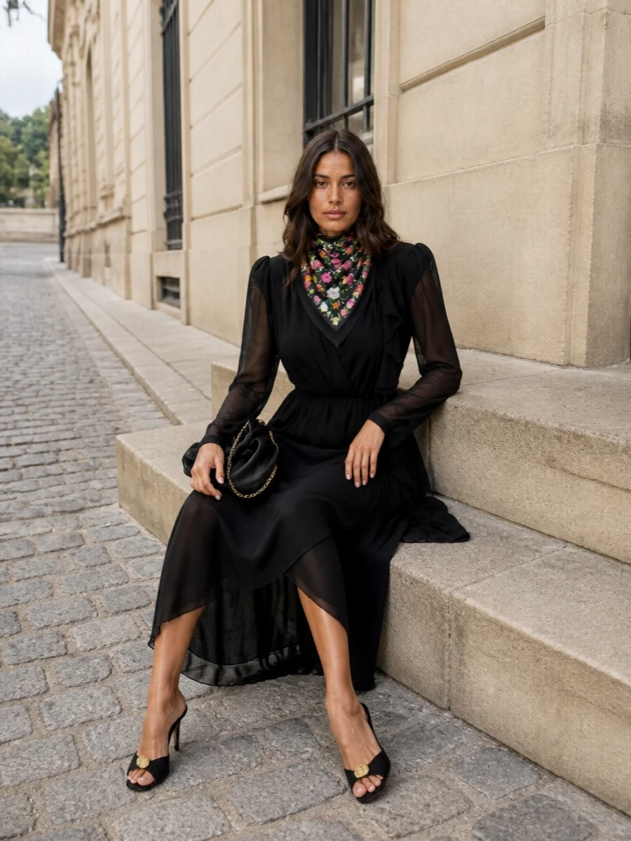 This is a quietly dramatic evening ensemble built around movement and depth: the Balenciaga wrap dress and Gucci scarf create a dialogue of black silk, sheer layers, and botanical color. Gold-touched black accessories keep the focus on the scarf’s florals, making the whole feel romantic, modern, and distinctly polished without becoming busy.