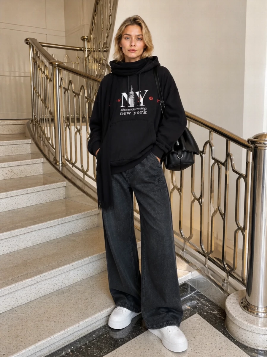 Alexander wang hoodie wide leg denim mcqueen sneakers