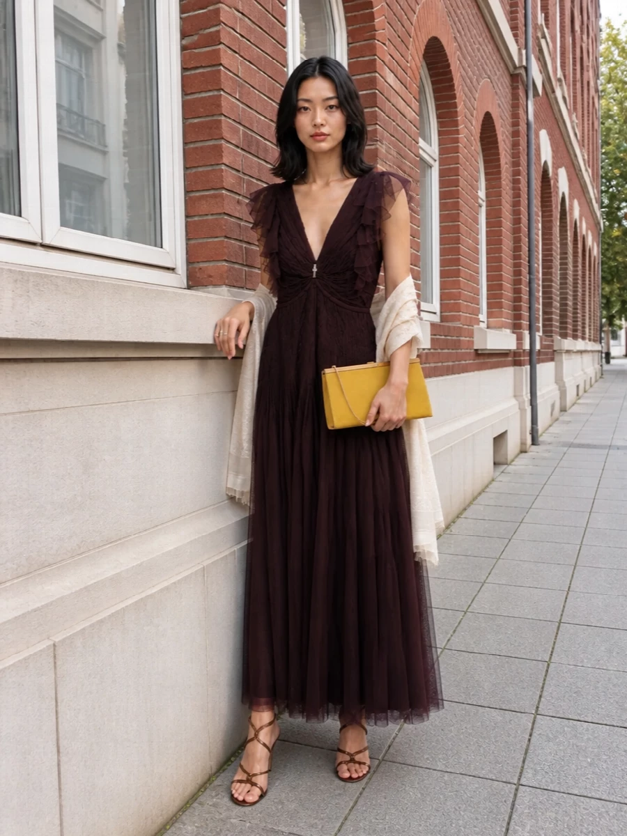 Elisabetta franchi brown maxi dress gold heels