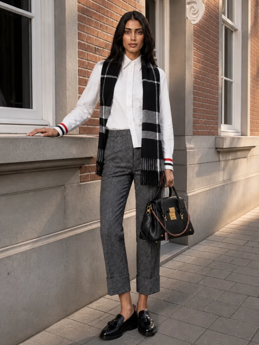 Thom browne grey cropped trouser loafer outfit
