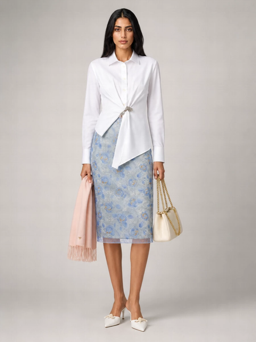 Prada High-Rise Floral-Print Lace-Trim Midi Pencil Skirt