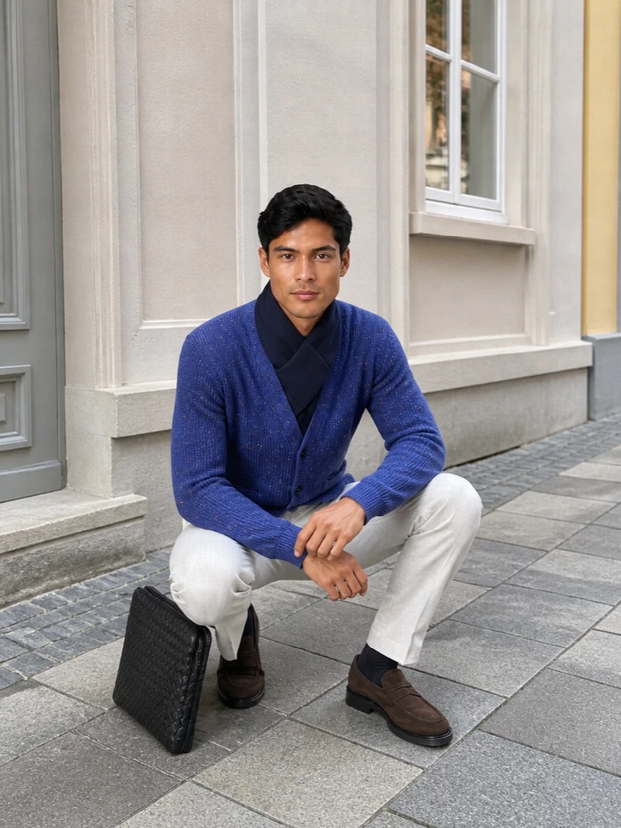 Lardini blue cardigan beige trousers loafers