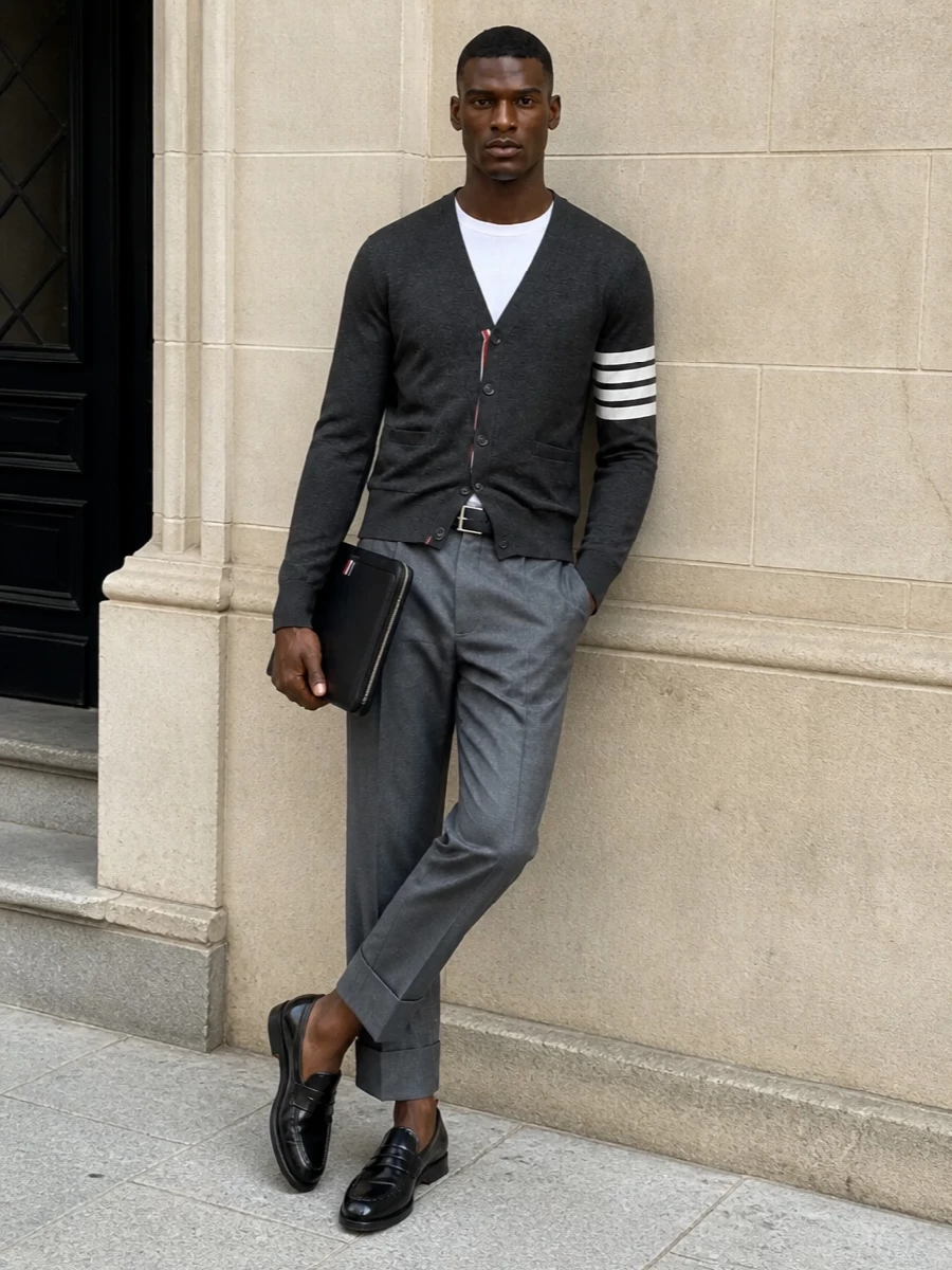 This look leans into a modern Thom Browne uniform: the charcoal four‑bar cardigan paired with cropped, cuffed grey trousers for that precise schoolboy-inspired proportion. Black penny loafers and a slim navy belt sharpen the line, while the minimal black clutch keeps the ensemble quietly luxurious and perfectly suited to a smart office or polished city evening.