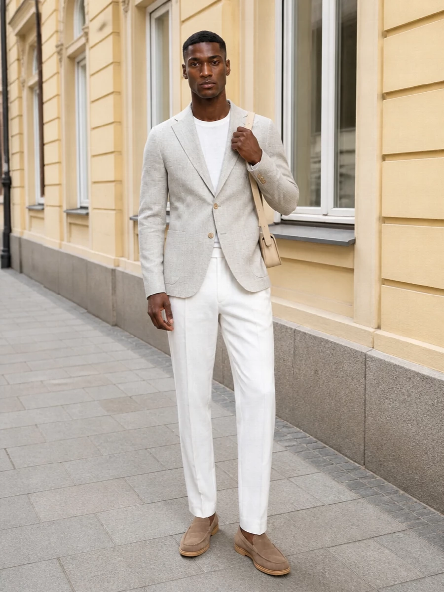 Tagliatore beige blazer white trousers outfit