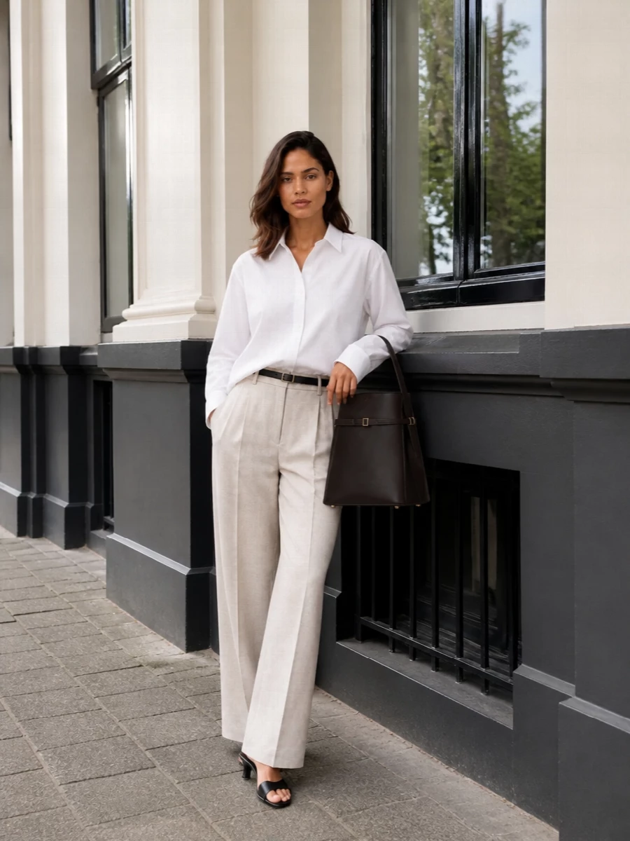 A crisp Totême white shirt is half-tucked into the light stone wide-leg trousers for a clean, elongated line that feels precise but relaxed. Black slingback heels and a slim belt sharpen the waist and hem, while an espresso structured bag adds depth without disturbing the soft neutrals. The result is quietly assertive tailoring that works seamlessly from client meetings to understated dinners.