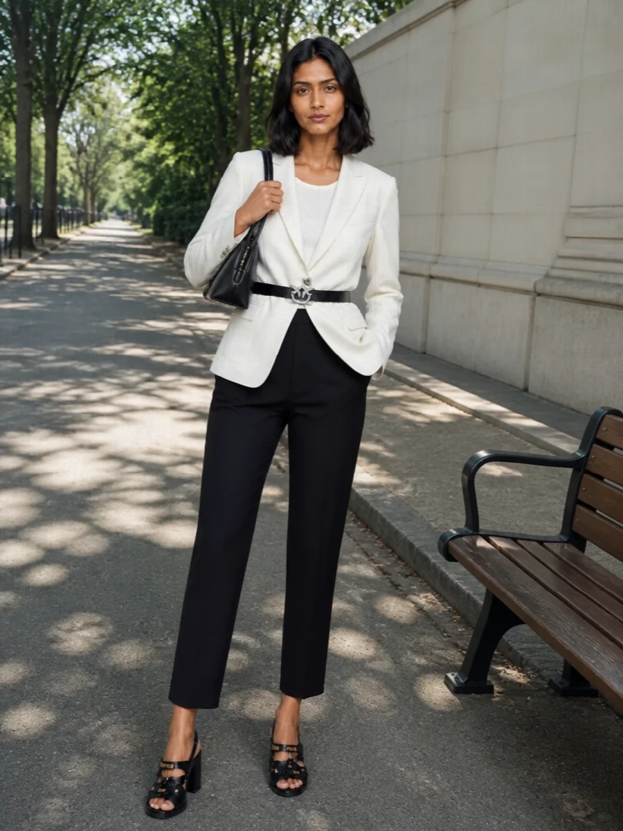 Pinko ivory blazer black tailored trousers outfit