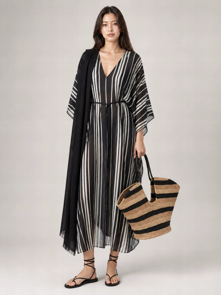 Tory Burch Silk Striped V-Neck Draped-Sleeve Kaftan Midi Dress