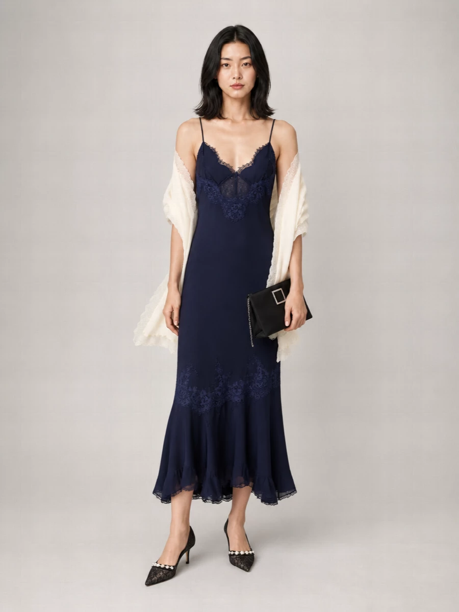 Self-Portrait Georgette Lace-Insert Maxi Dress