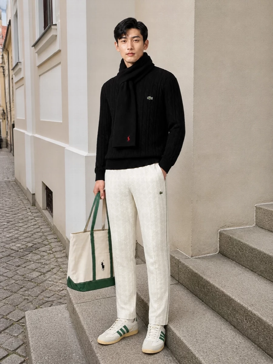 A black cable-knit crew meets light geometric track trousers for a clean, sport‑preppy contrast that still reads composed. Forest‑green accented retro trainers echo the crocodile logo without shouting, while the canvas tote adds a collegiate note that feels right for city days. The black scarf finishes everything with a quiet, winter‑ready layer that matches the knit’s weight and mood.