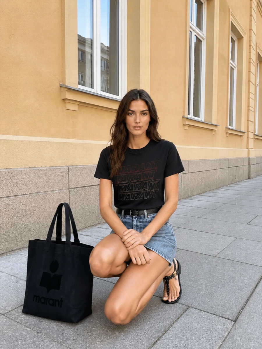 A washed black logo tee meets a marbled denim mini for that easy Paris street mix of grunge and polish. Black studded sandals and a graphic tote keep everything grounded in one sharp, monochrome story, while a slim belt quietly defines the waist so the proportions feel intentional rather than thrown on.