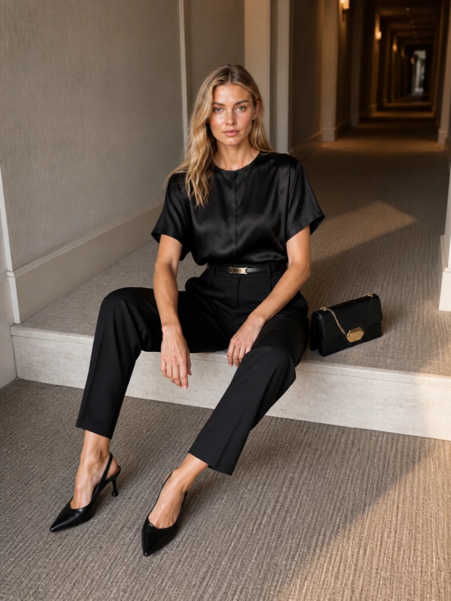 Loulou studio satin blouse tailored black trousers