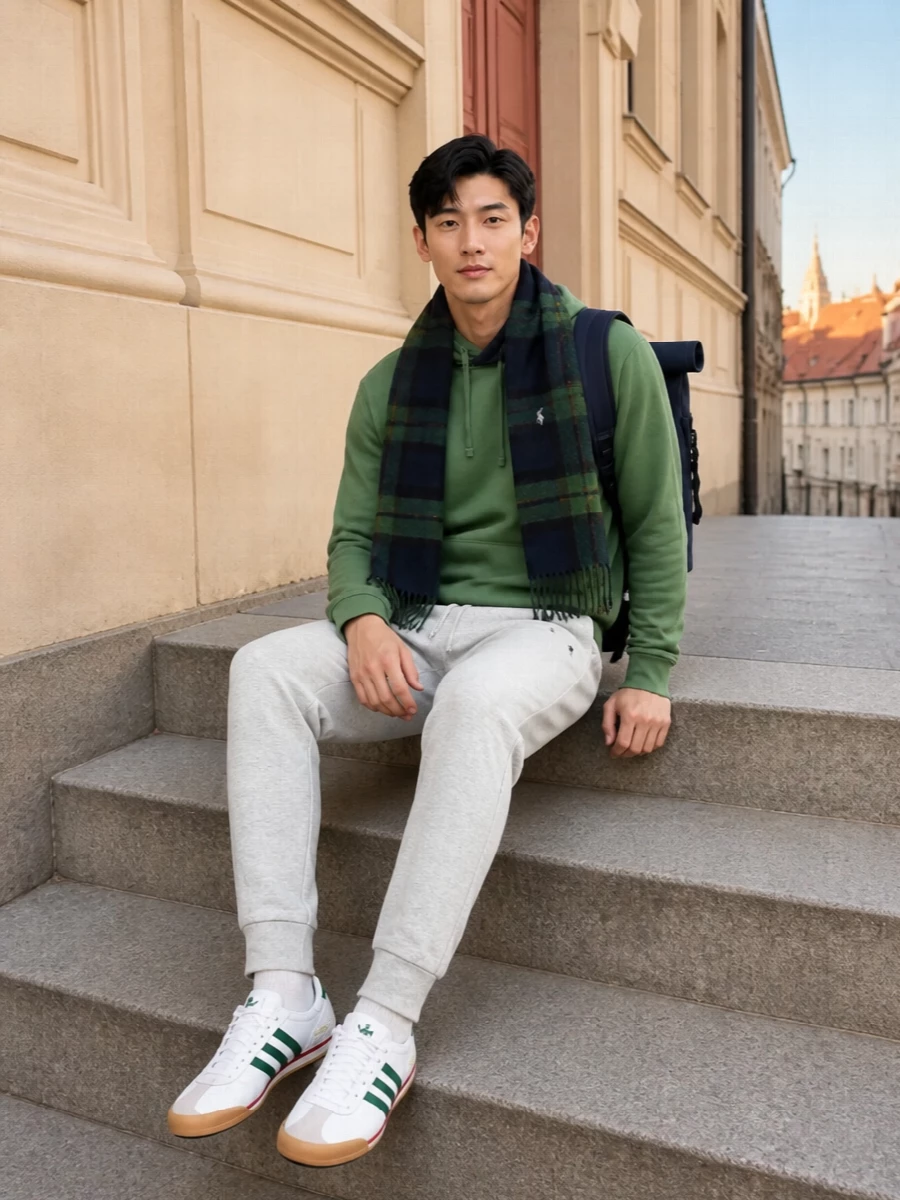 Sage, heather grey and forest accents keep this Polo Ralph Lauren set firmly in the collegiate sport space, but with a softer, everyday feel. The clean jogger line and low-profile terrace sneakers make the proportions relaxed without slouch, while the technical roll-top and tartan scarf add just enough edge and texture to feel considered for city days.