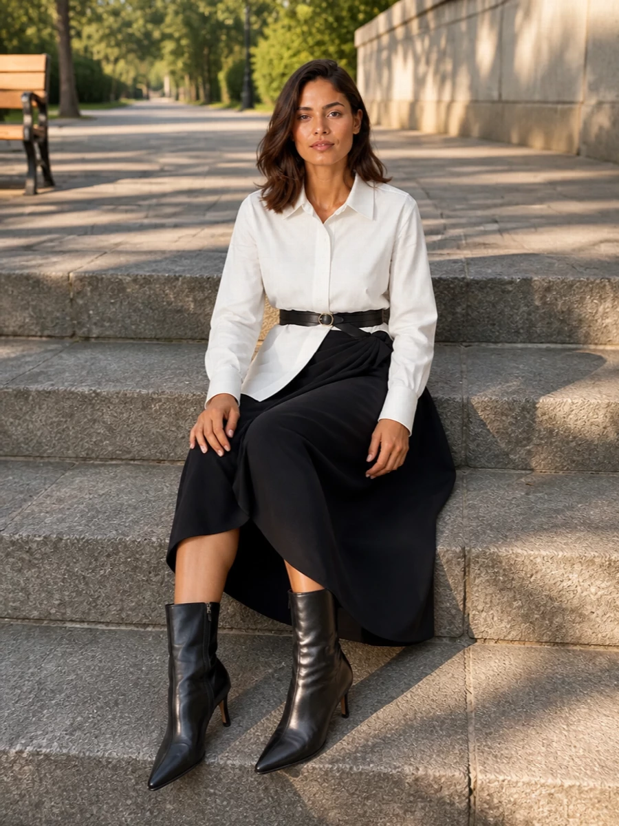 Jw anderson navy wrap skirt white shirt outfit