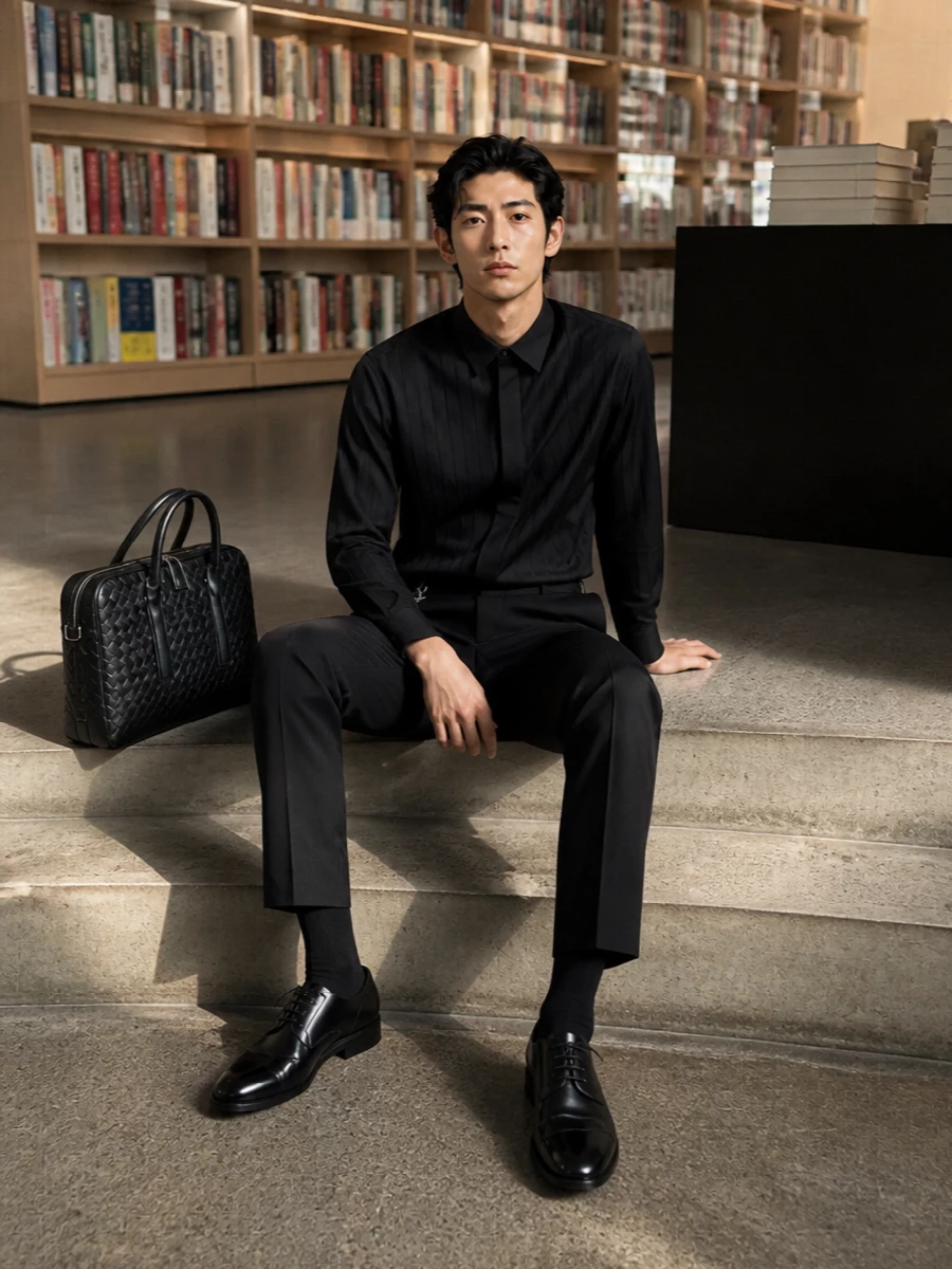 A strict black Prada trouser line pairs with Valentino’s pleated shirt to create a single, elongated column of precise tailoring. Dries Van Noten’s mirror-finish derby sharpens the formality, while the intrecciato Bottega briefcase gives a discreet, textural counterpoint that still reads boardroom-ready. The result is a modern, monochrome evening uniform with just enough detail to feel considered, not decorative.