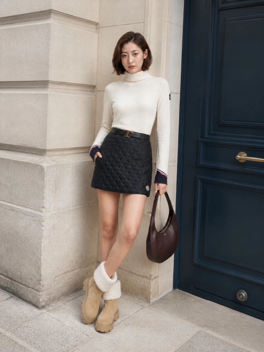 Ivory turtleneck quilted mini skirt outfit