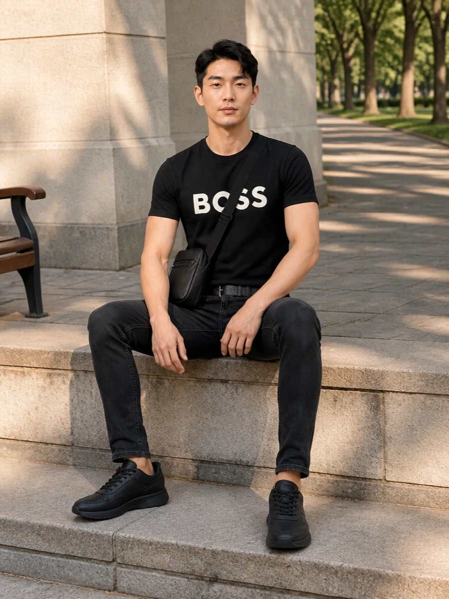 Boss black logo tee slim black jeans outfit