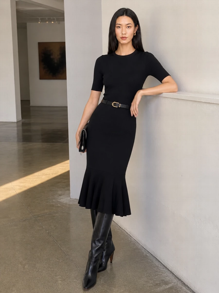Stella mccartney black knit midi dress outfit