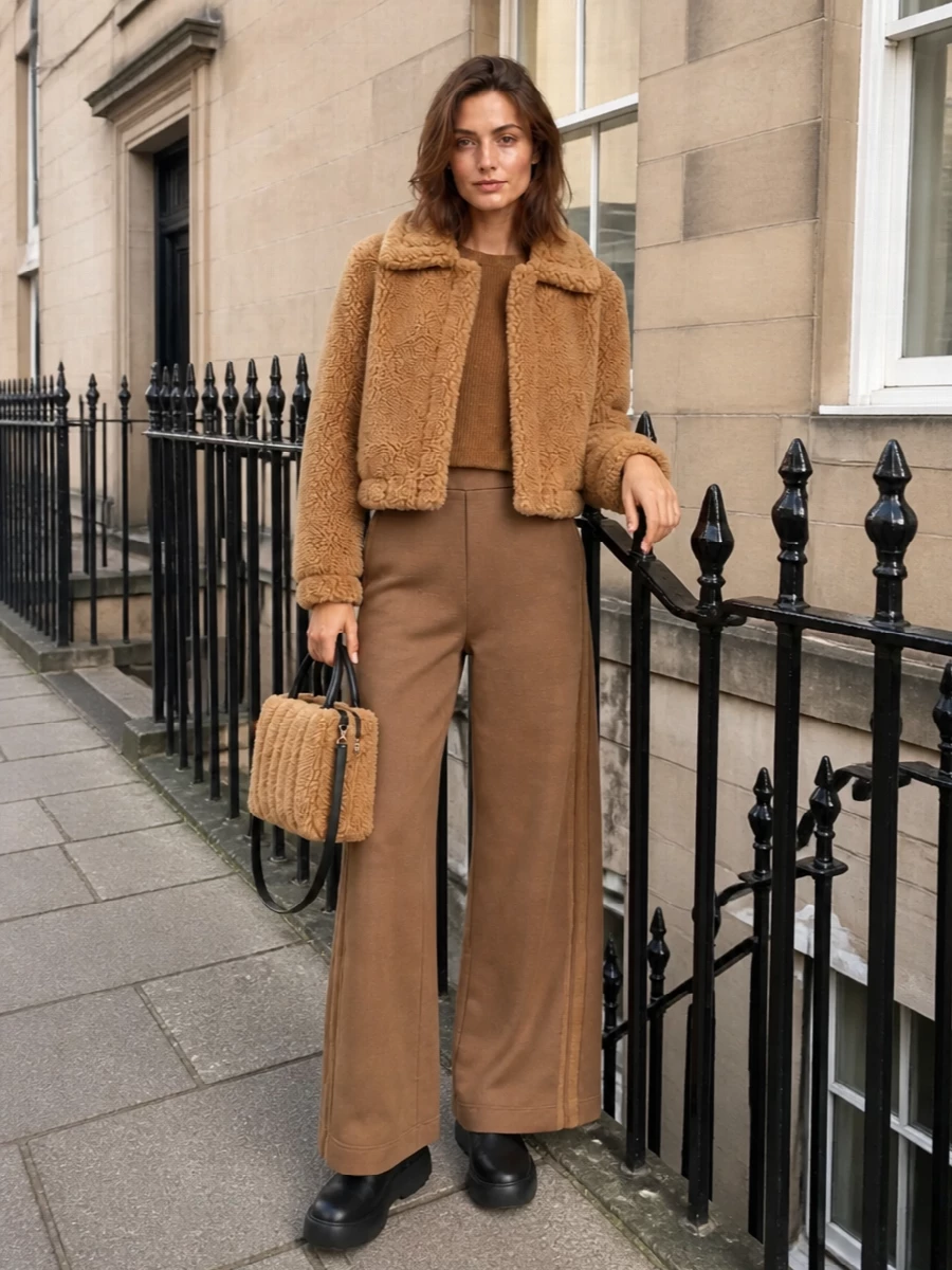 I am building around the outerwear with a knit-and-trouser route rather than a dress, because the cropped, boxy teddy jacket really comes into its own over high-waisted volume and layered texture. The camel ribbed knit and Max Mara wide-leg trouser create a long, tonal line under the jacket, while the black chunky boots and structured shearling bag add city-ready contrast. The result is a warm, modern street-preppy outfit that feels plush but still practical for cold days on the move.