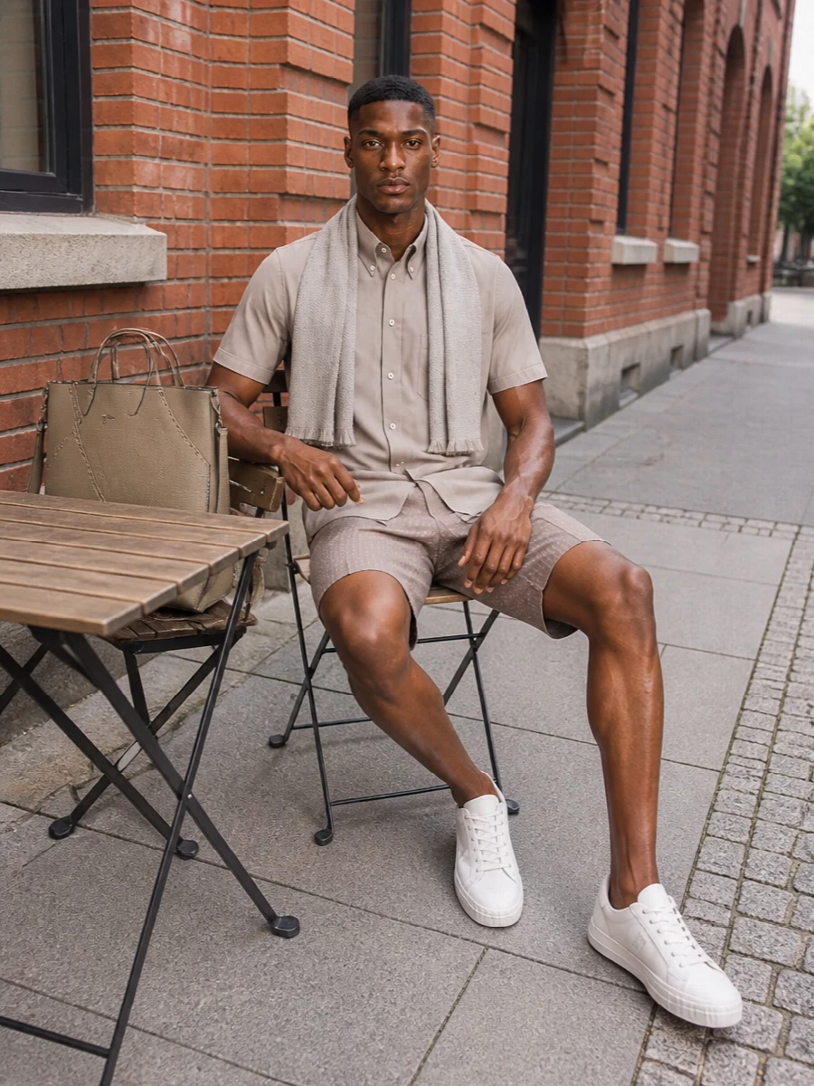 Fendi taupe pinstripe shorts neutral shirt sneakers