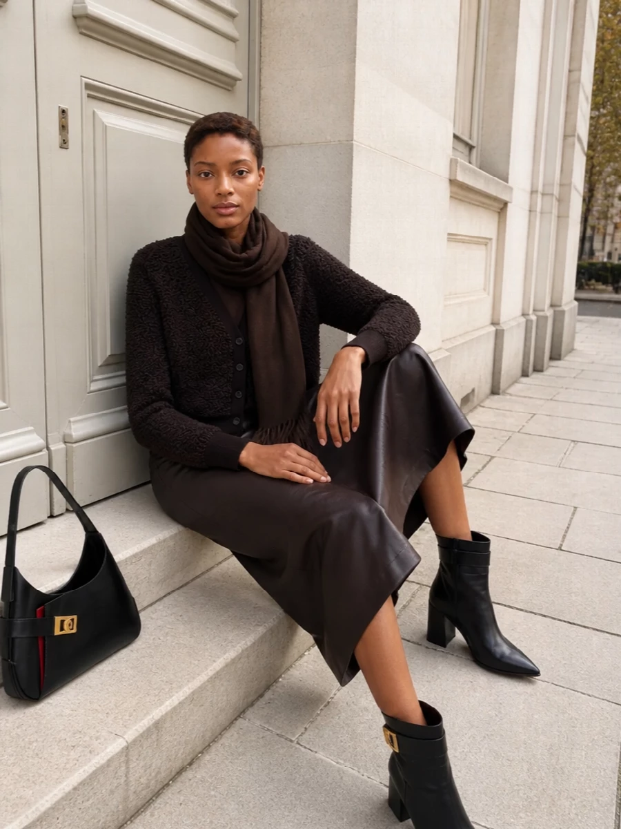 Ferragamo cardigan leather pencil skirt outfit