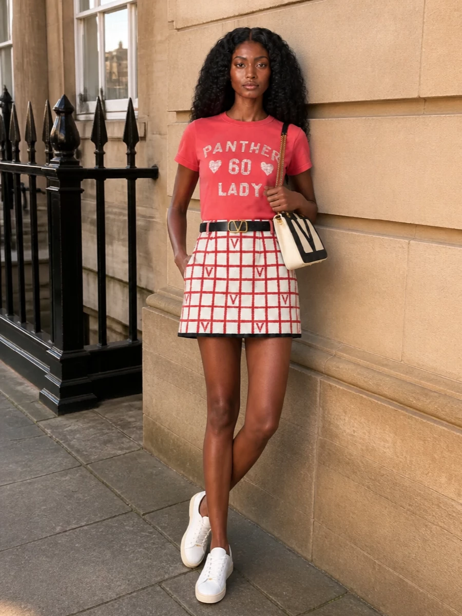 Valentino red graphic tee check mini skirt outfit