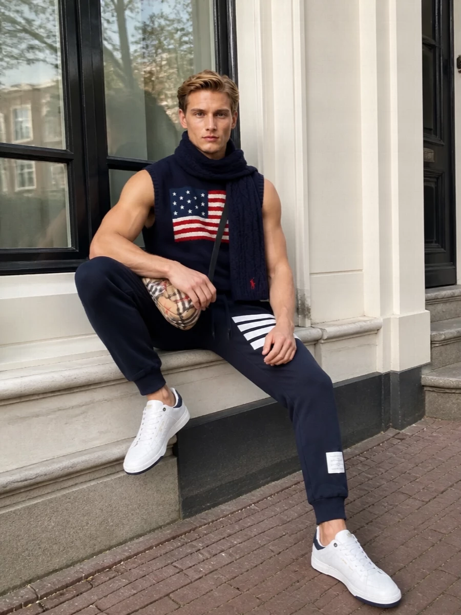 Polo flag vest thom browne jogger outfit