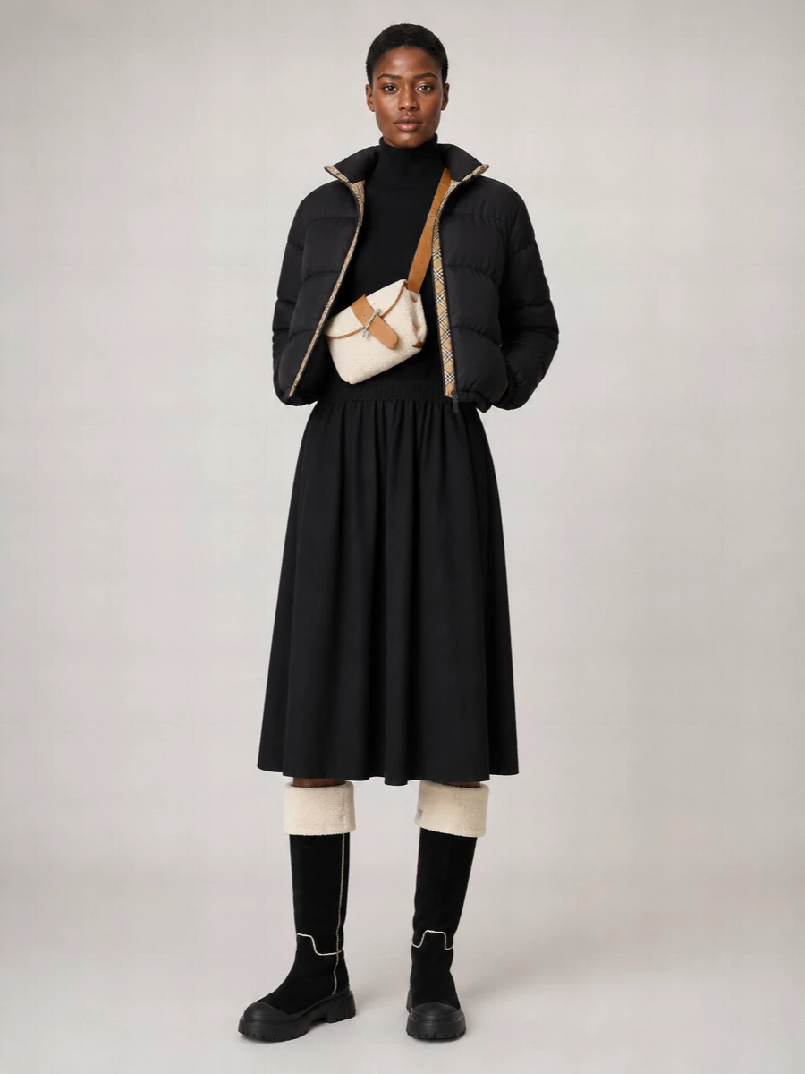 I chose the dress route to keep the Burberry puffer as the clear anchor, letting a single clean knit base layer carry all the volume and structure. The black turtleneck midi with its elasticated waist creates a long, uninterrupted column under the cropped jacket, while the shearling knee boots and belt bag introduce just enough texture and hardware to feel modern and quietly luxurious. The palette stays firmly in black and soft neutrals, allowing the subtle Burberry check and McQueen detailing to read as refined rather than loud.