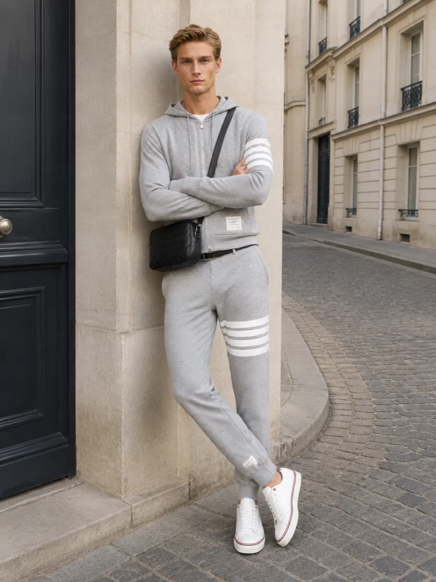 Thom browne grey hoodie jogger athleisure outfit