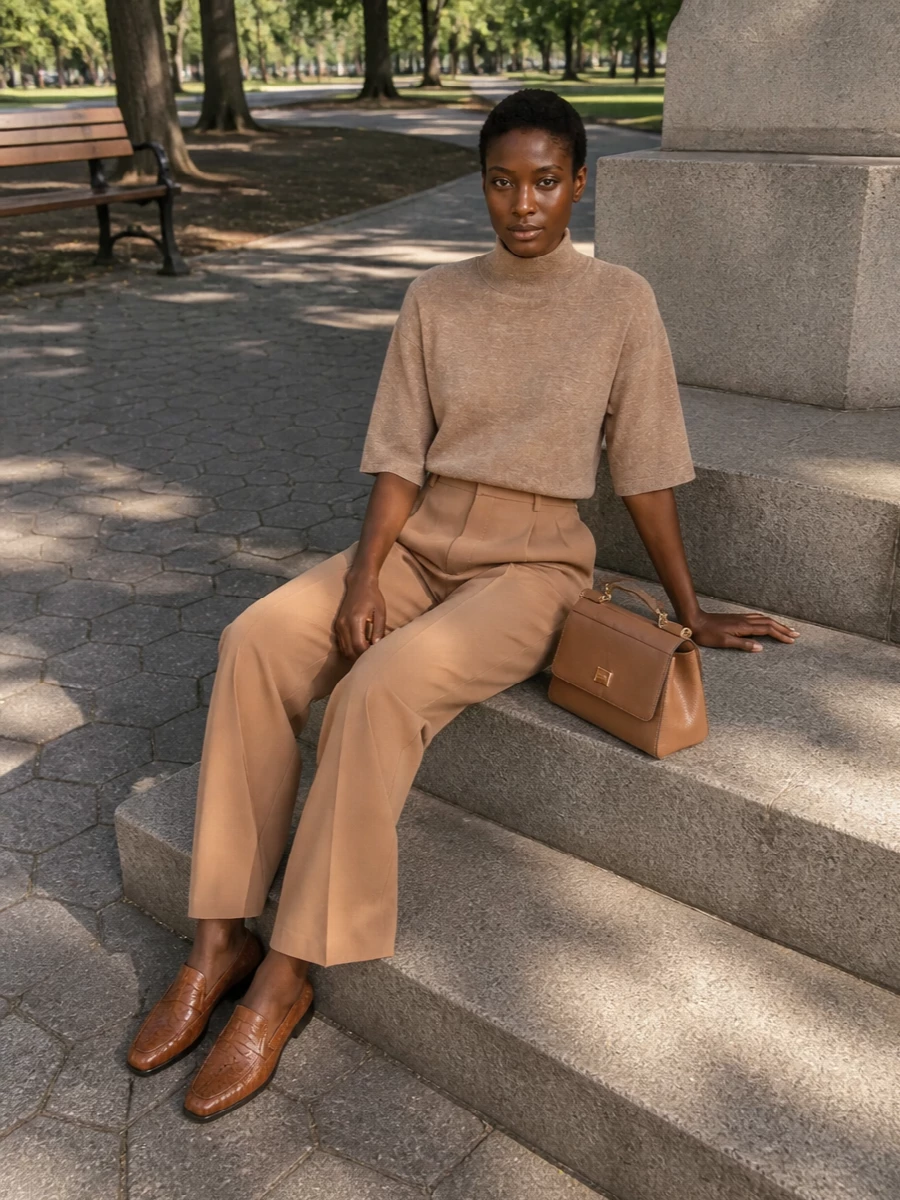 I am building around the top and trouser route rather than a dress, because the Dolce&Gabbana bag really comes into its own with modern suiting proportions and clean, tonal separates. The cropped, subtly shimmering Fabiana Filippi knit tucked into Saint Laurent’s high-rise camel wide leg creates a long, columnar line that feels precise but not severe. Bottega’s cognac intrecciato loafers ground the palette and keep the mood quietly luxurious, perfect for a client-facing day that can slip into dinner without a change of outfit.