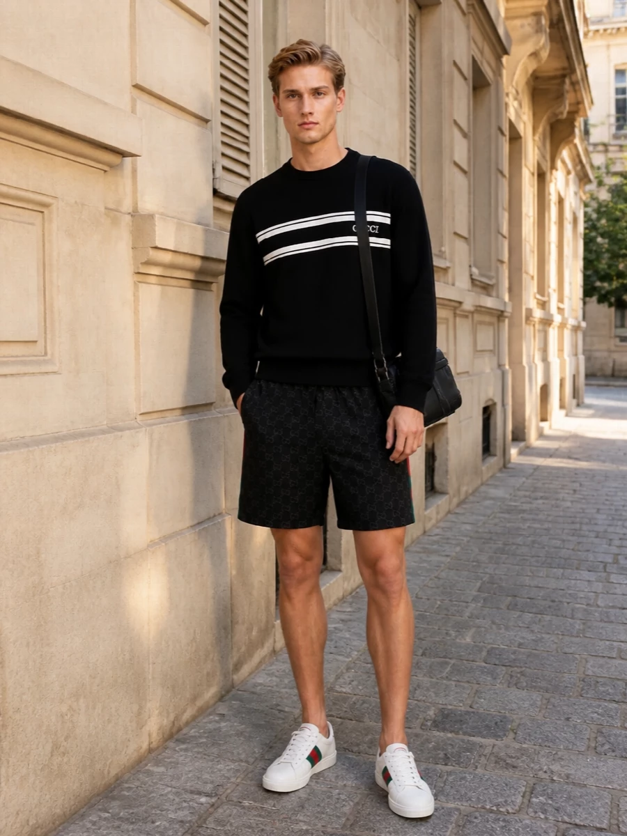 A black-on-black Gucci base with sharp stripes keeps this pool short in city territory, reading more street than beach. Clean white web-striped sneakers and a technical black crossbody add light and function without diluting the house codes. It is the kind of set that moves from rooftop pool to late-night bar with zero change of gear.