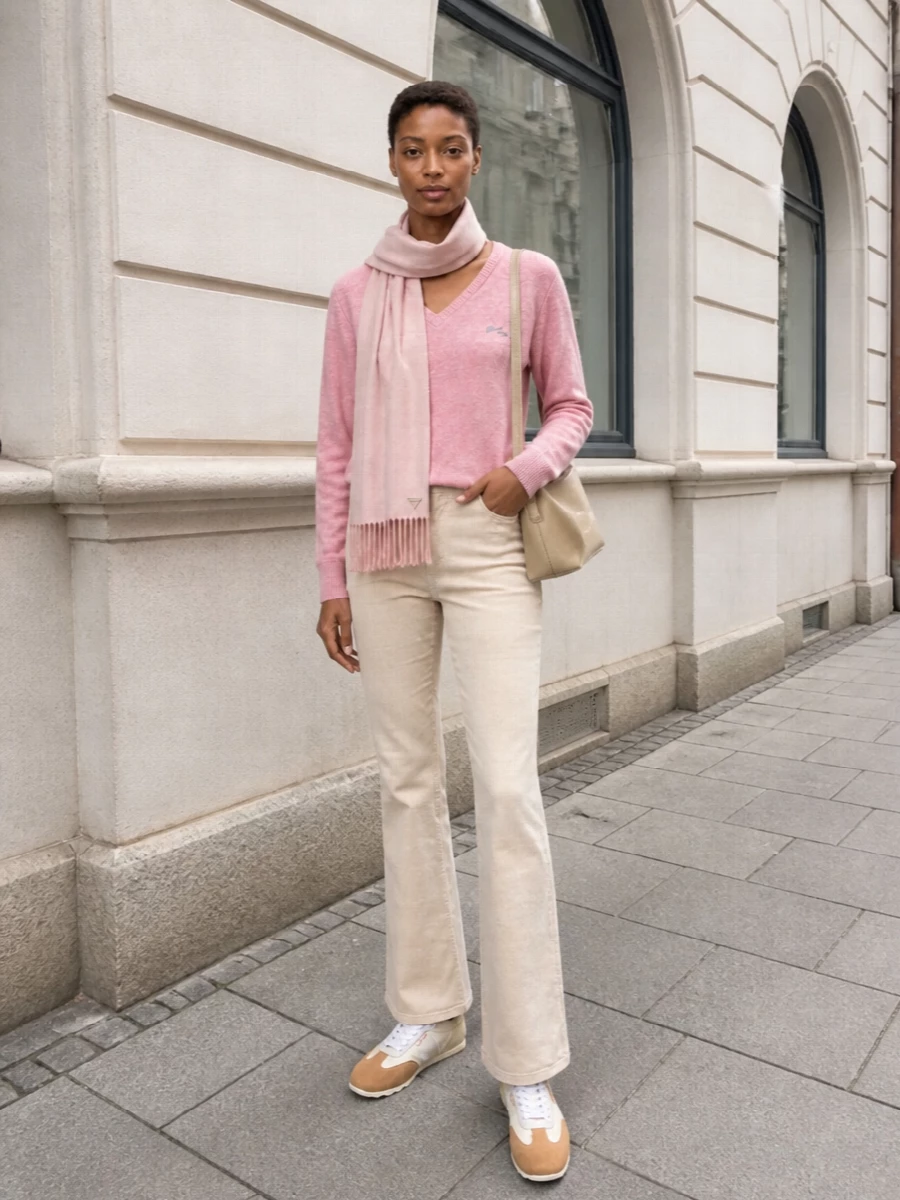 Soft pink meets warm neutrals in a quietly refined combination of V-neck knit and cream flared denim. The slim neutral runners and understated beige crossbody keep the proportions long and relaxed while preserving a polished, preppy mood. A blush scarf introduces a final tonal layer that feels gentle rather than decorative, perfect for low-key city days and easy dinners.