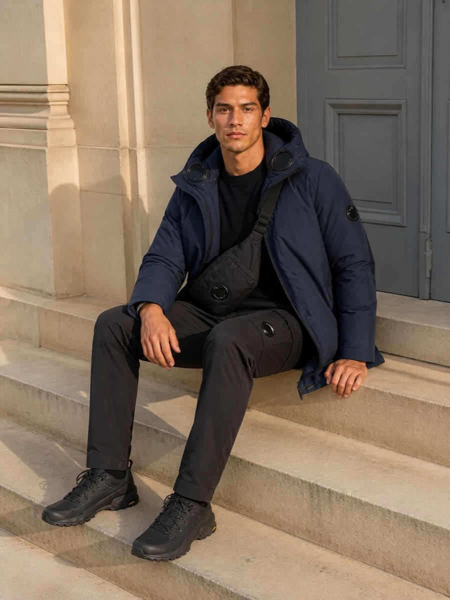 Cp company navy parka cargo pants trail sneakers