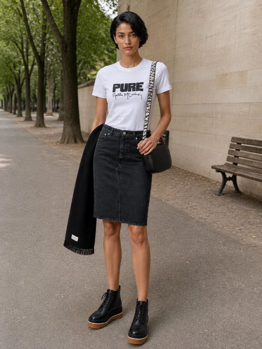 Stella mccartney logo tee black denim skirt outfit