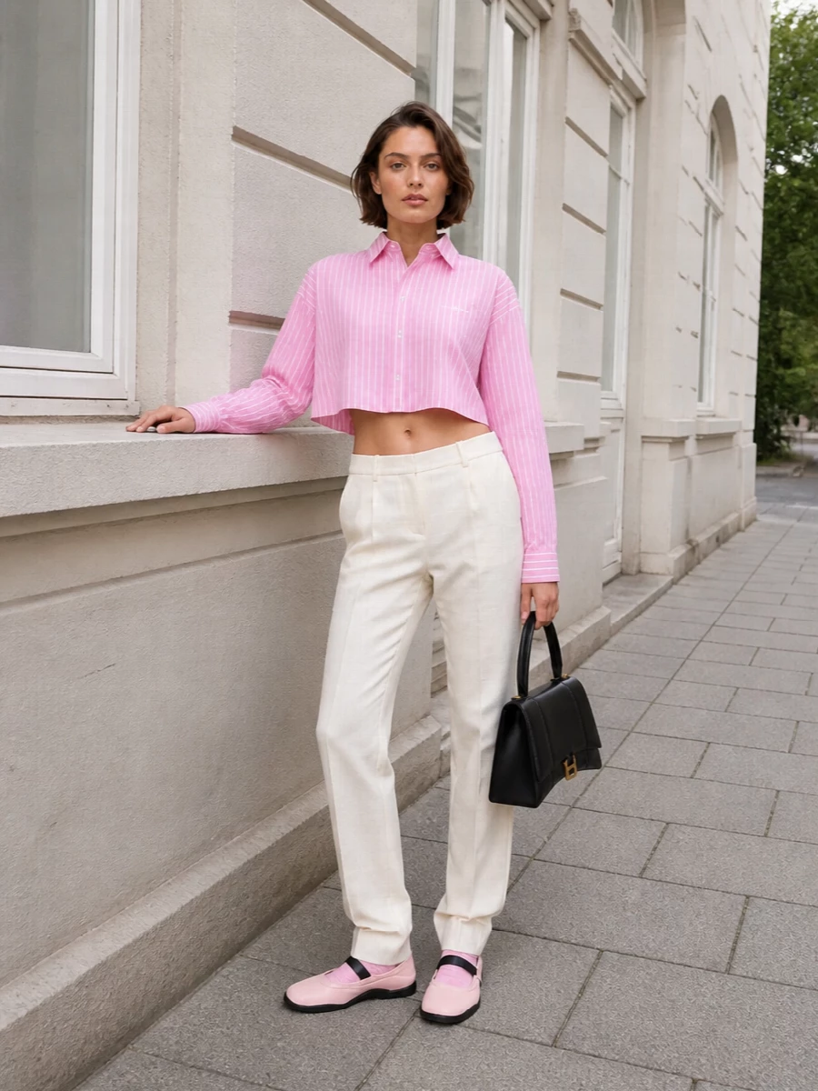 Balenciaga pink striped shirt ivory trousers