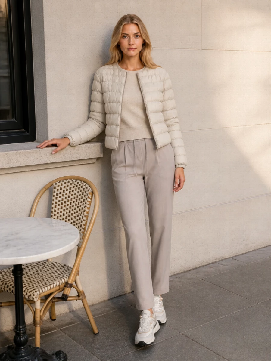 Herno neutral puffer taupe trousers beige bag