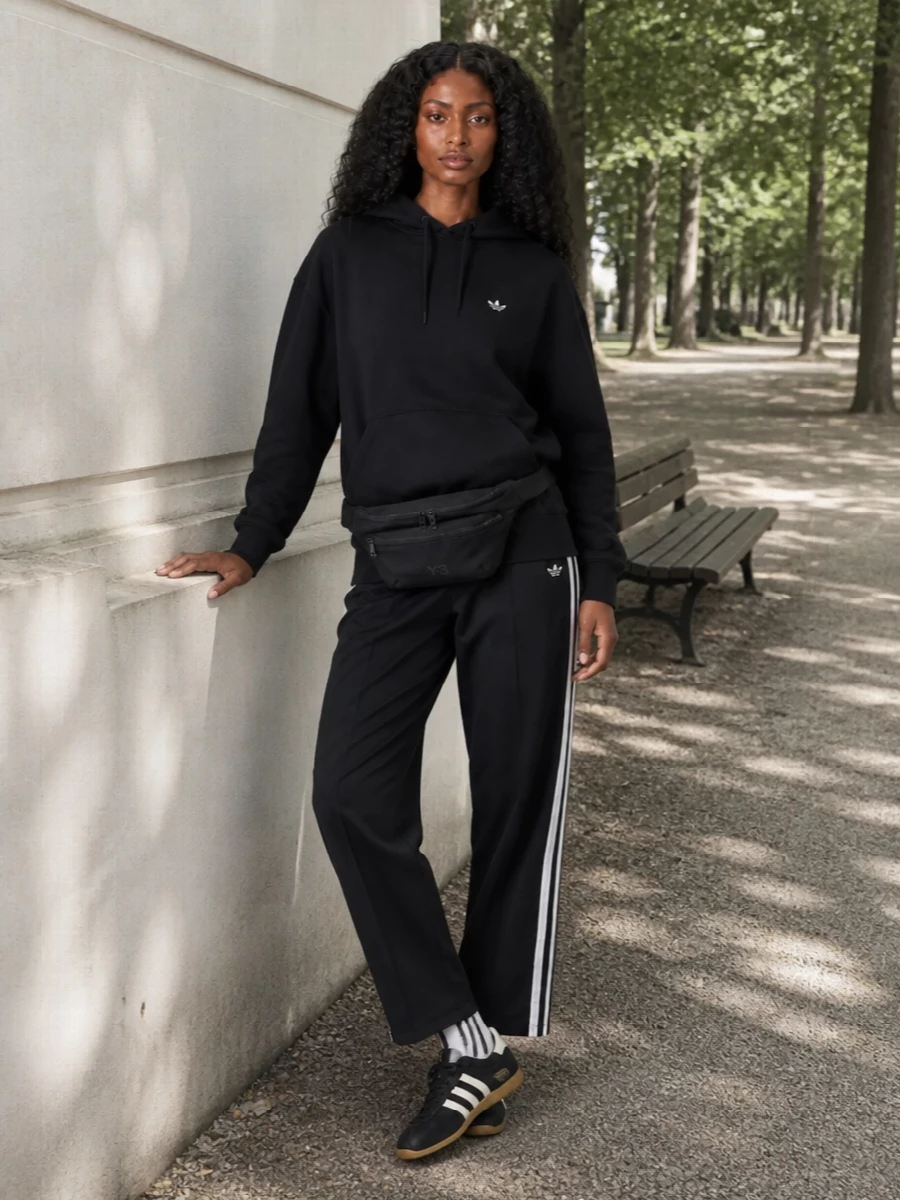 Adidas track pants black hoodie gum sole sneakers