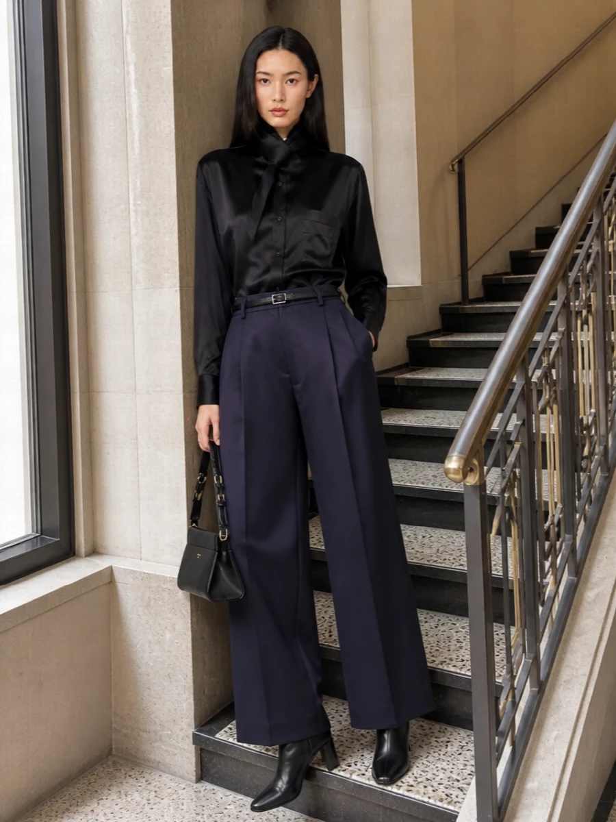 Darkpark satin shirt wide leg trousers prada bag