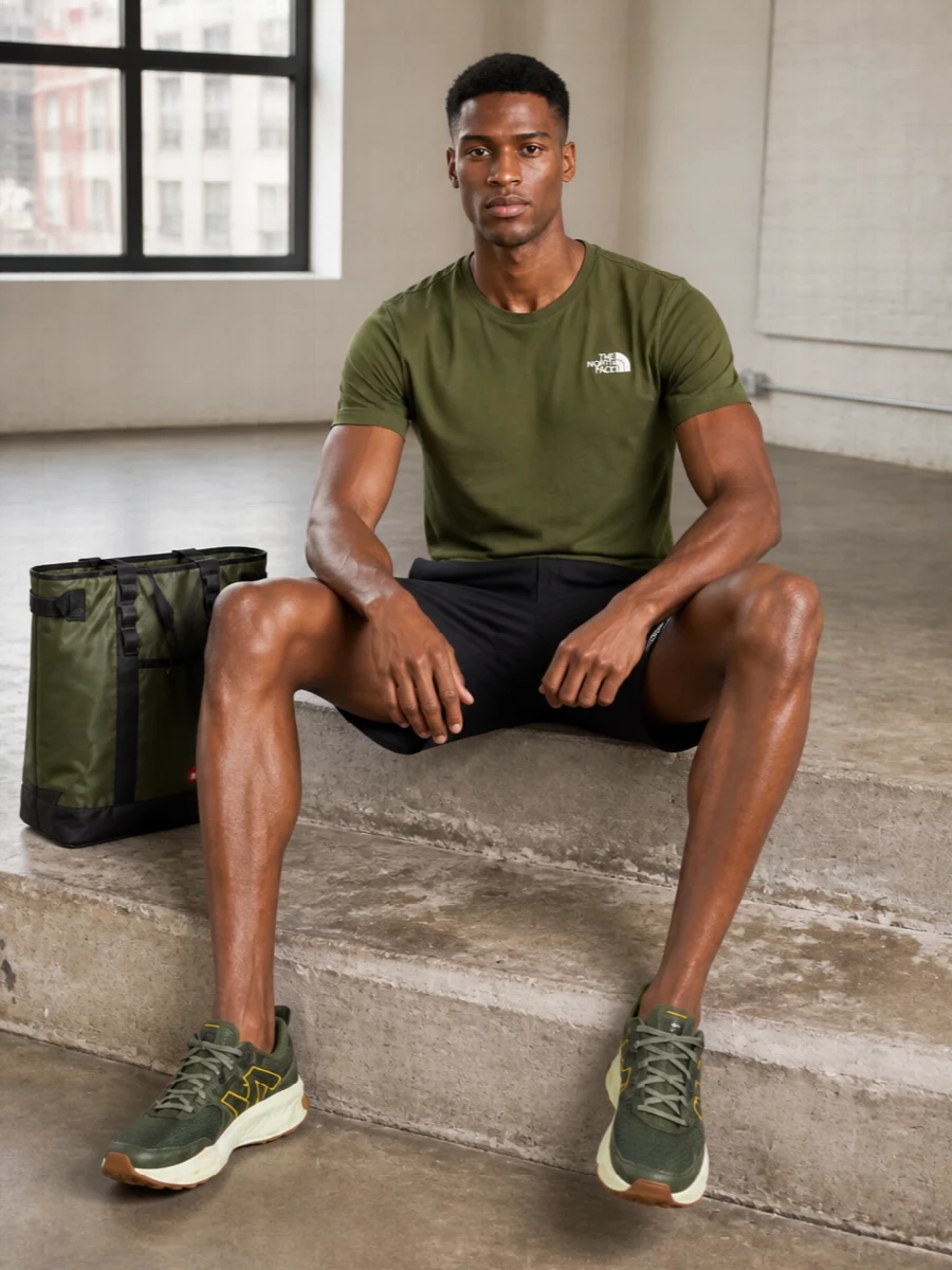The north face olive tee black tech shorts outfit