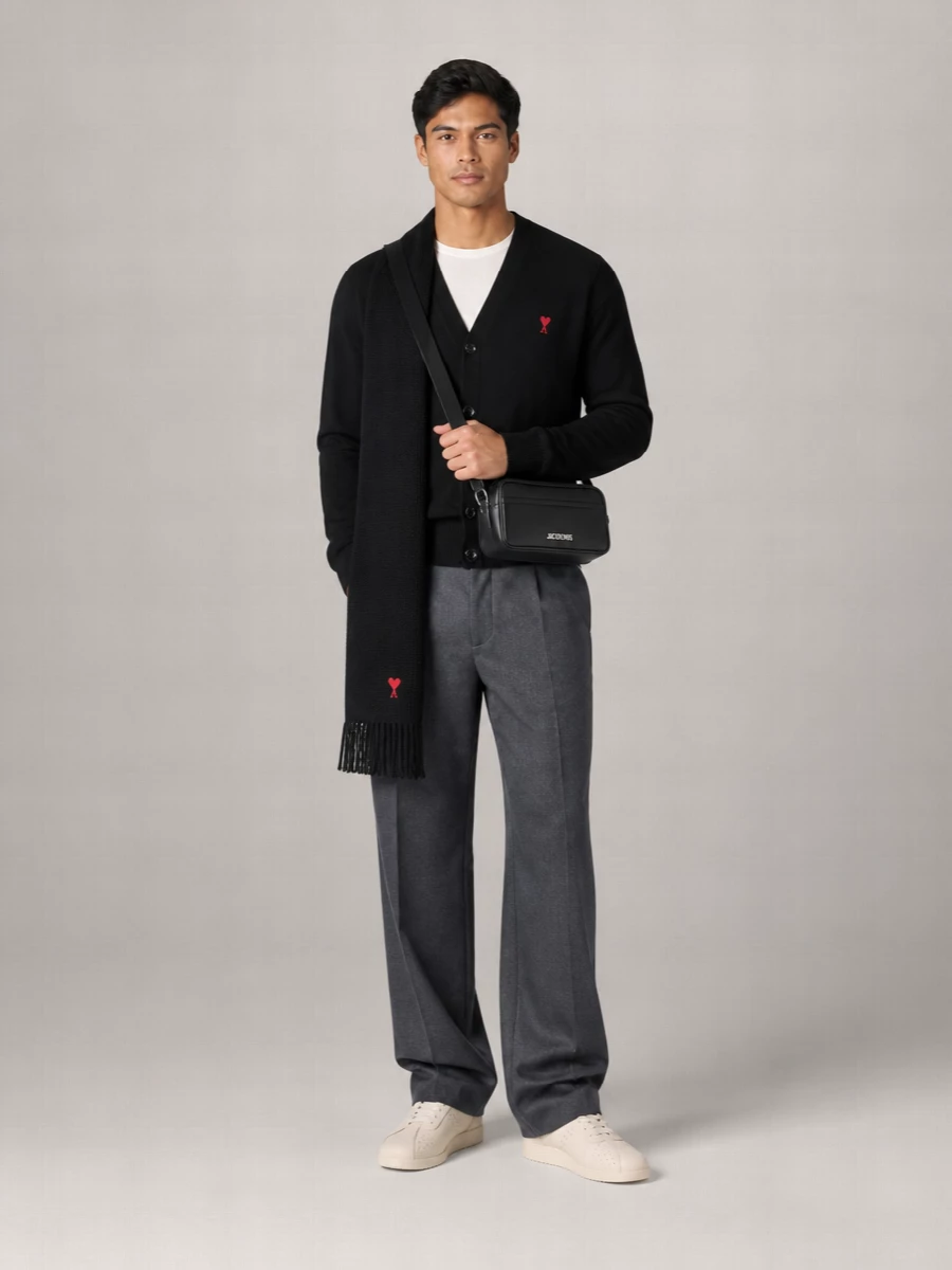 Ami Paris Merino Wool Fine-Knit V-Neck Cardigan