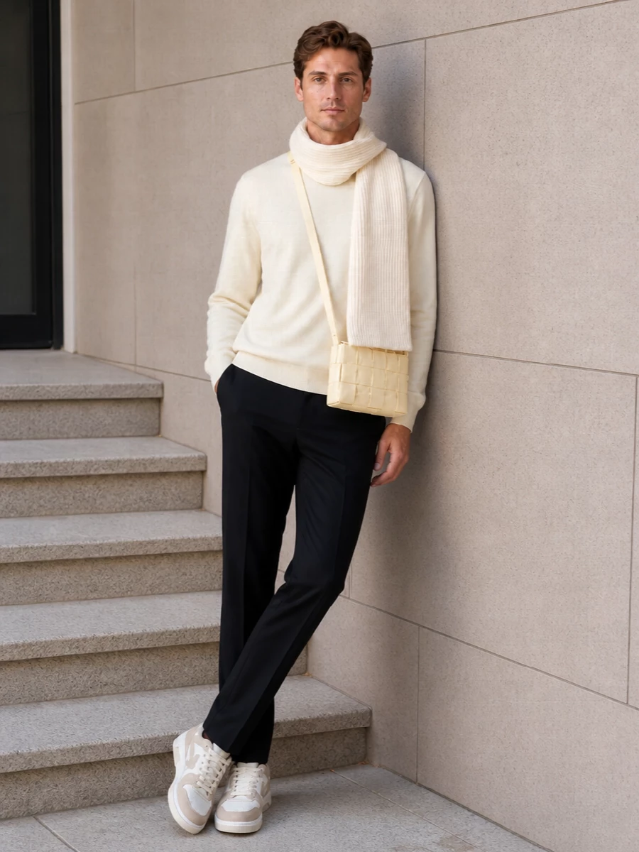 Off white cream sweater black trousers outfit