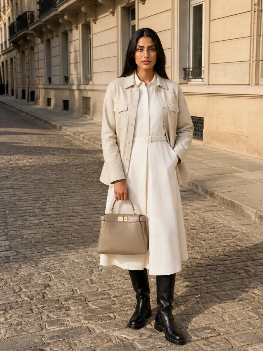 Fendi neutral shirt dress biker boots outfit