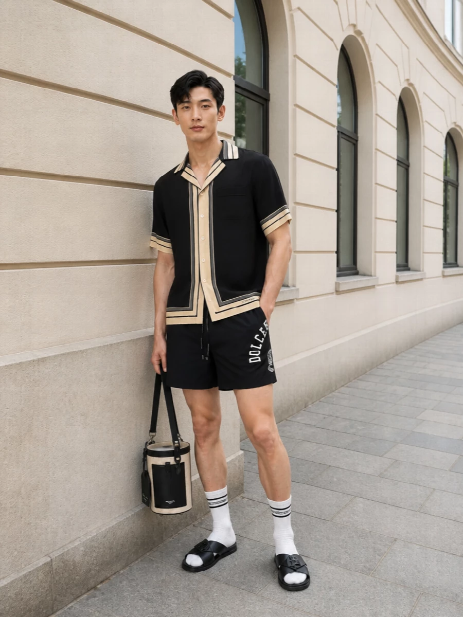 Dolce gabbana black swim shorts camp shirt