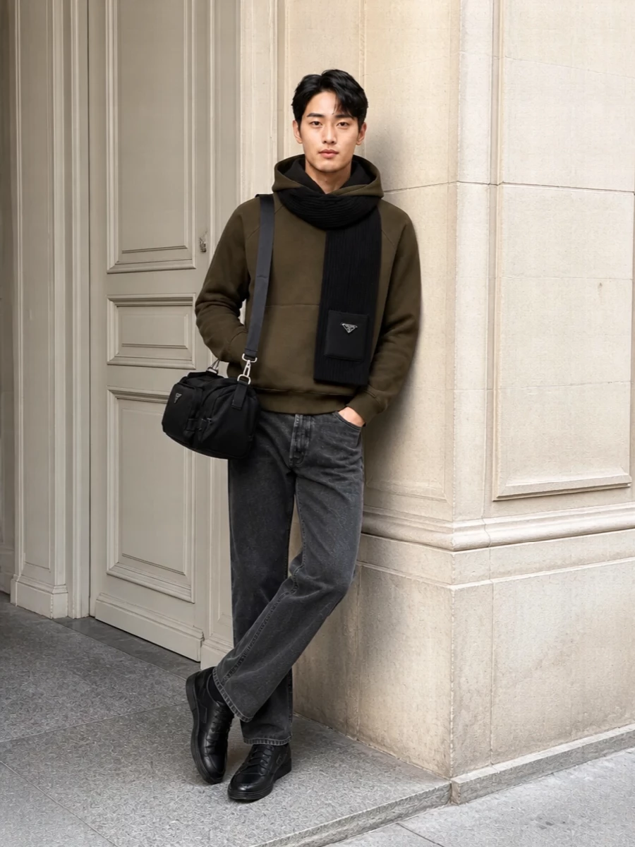 Prada hoodie charcoal jeans black sneakers