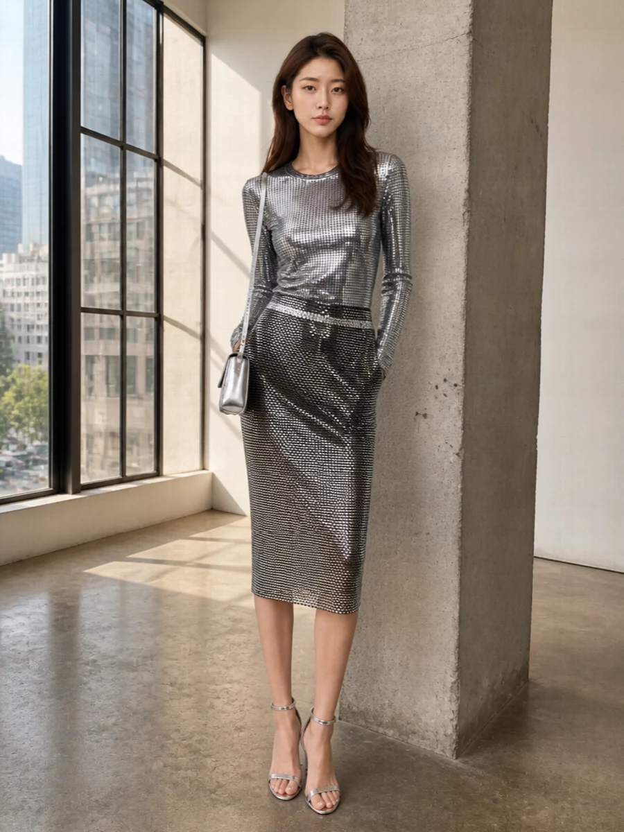 Self portrait metallic skirt silver mm6 top outfit