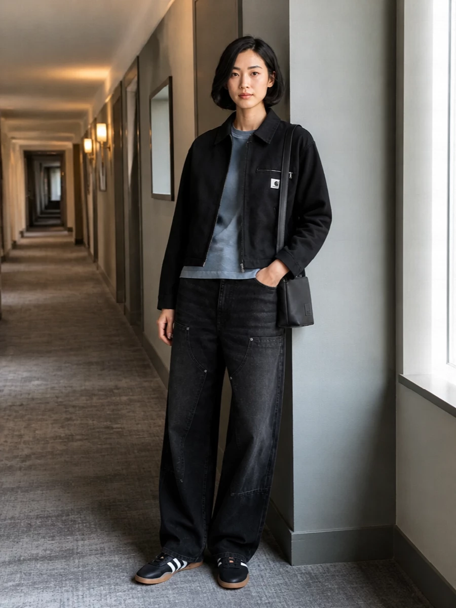 This is a tight Carhartt WIP-centred streetwear uniform built around the cropped black work jacket, so I stayed with tee and denim rather than forcing it over a dress or jumpsuit. The boxy slate tee and loose black jeans create a relaxed, engineered line, with black Adidas sneakers and a minimal Mm6 cross-body keeping everything grounded and city-ready. It feels graphic, practical and quietly directional without straying from that industrial workwear attitude.