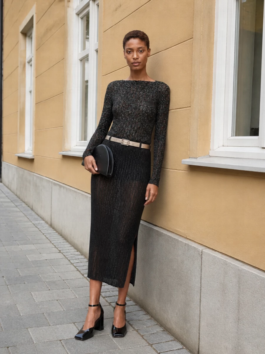 Maison margiela black shimmer knit sheer midi