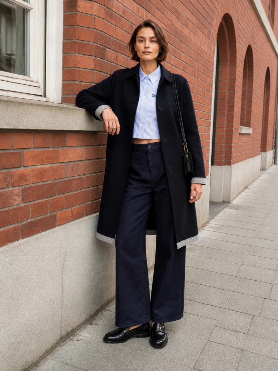 Miu miu navy coat cropped shirt wide leg trousers
