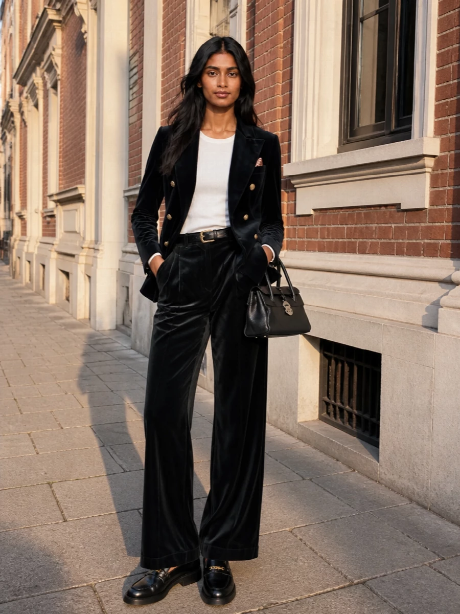 Circolo velvet blazer charcoal trousers outfit