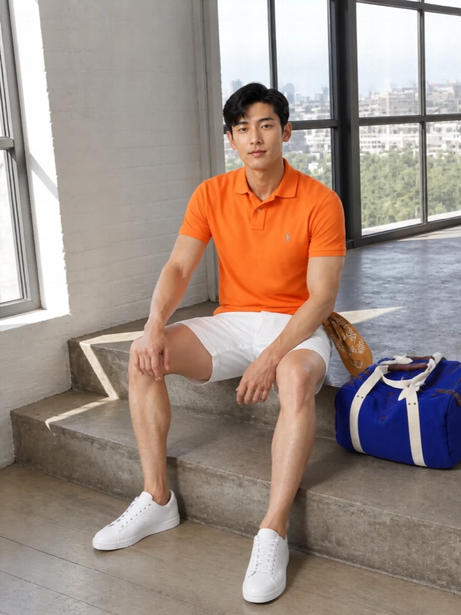 A bold citrus Polo shirt is sharpened with clean white chino shorts for a fresh, collegiate summer mix. White leather court sneakers keep everything relaxed but tidy, while a royal-blue duffle and camel bandana nod to classic East Coast sport without cluttering the silhouette.